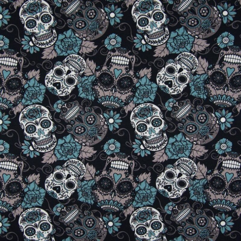 Sugar Skulls design jersey with white and grey skulls and green detailing.